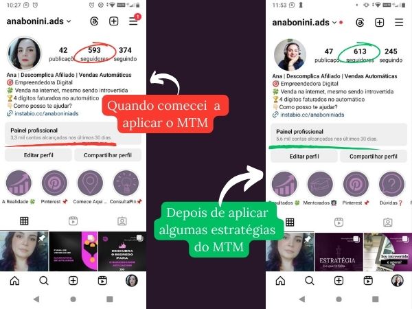 minha conta no Instagram antes e depois de aplicar o método turbinar de mestre